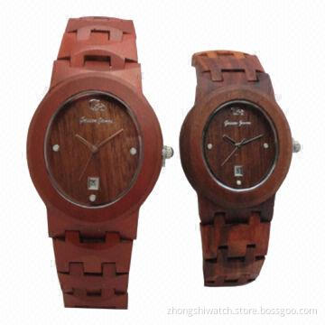 Classic Round Wooden Watch with Red Sandalwood Case and Band, Mix Color, Comes in Japan Movement